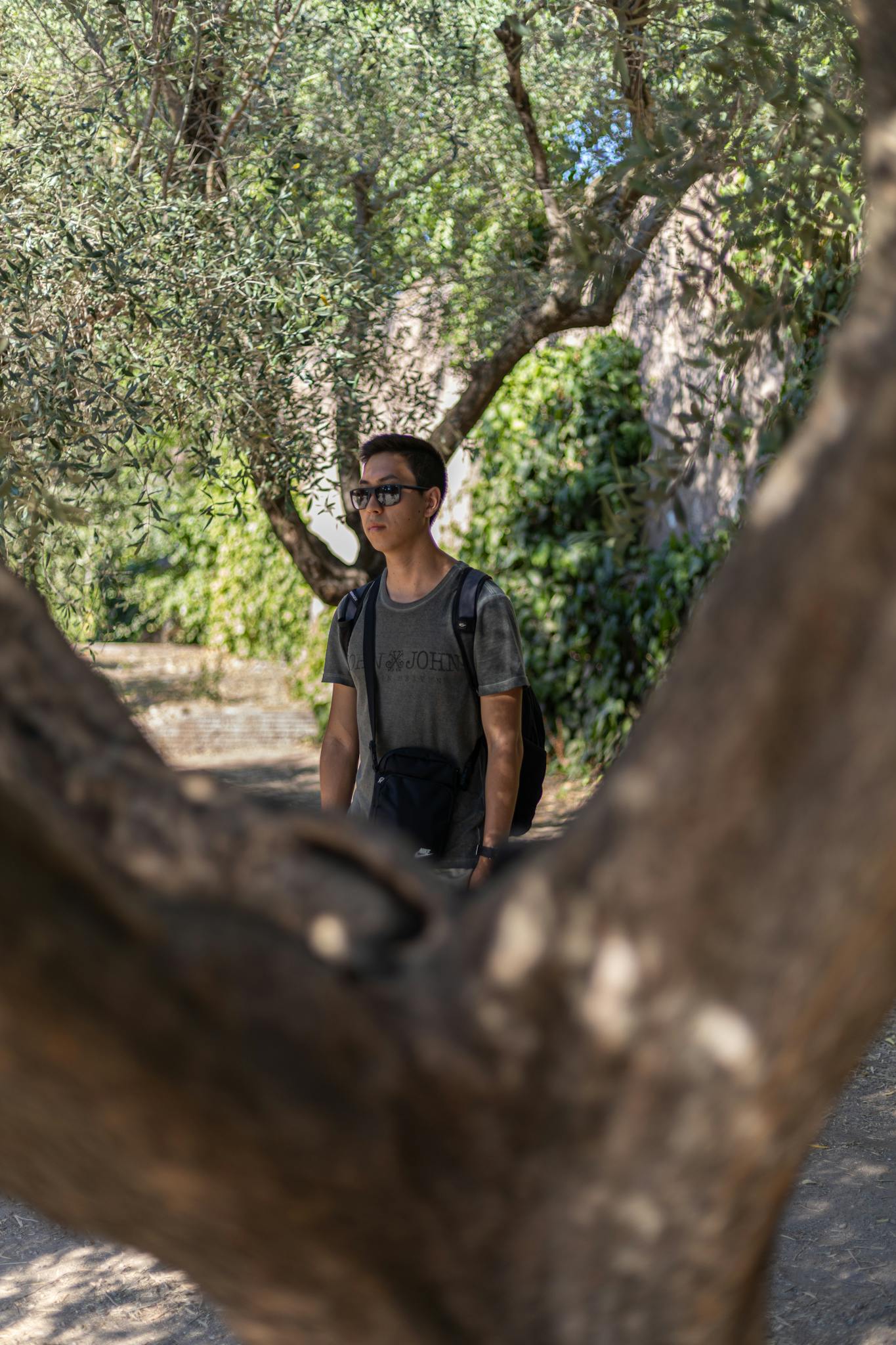 A man in sunglasses stands amidst lush greenery in a Roman park, framed by trees.